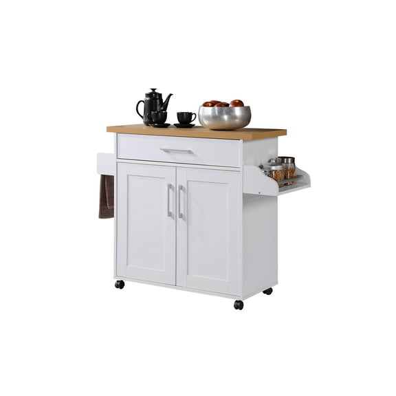 Hodedah Kitchen Cart with Spice Rack plus Towel Holder, White