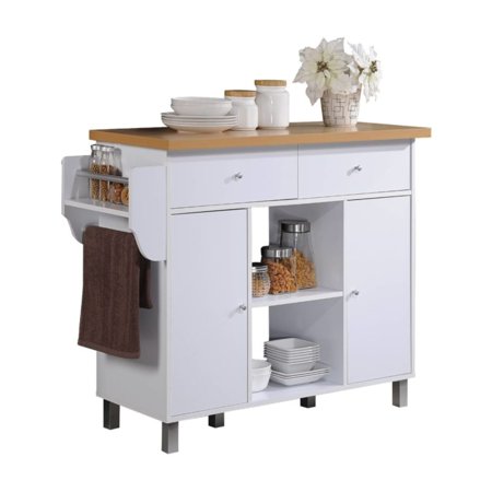 Hodedah Kitchen Island with Spice Rack plus Towel Holder in White