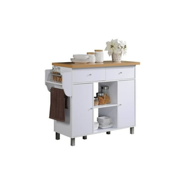 Hodedah Kitchen Island with Spice Rack plus Towel Holder in White Wood