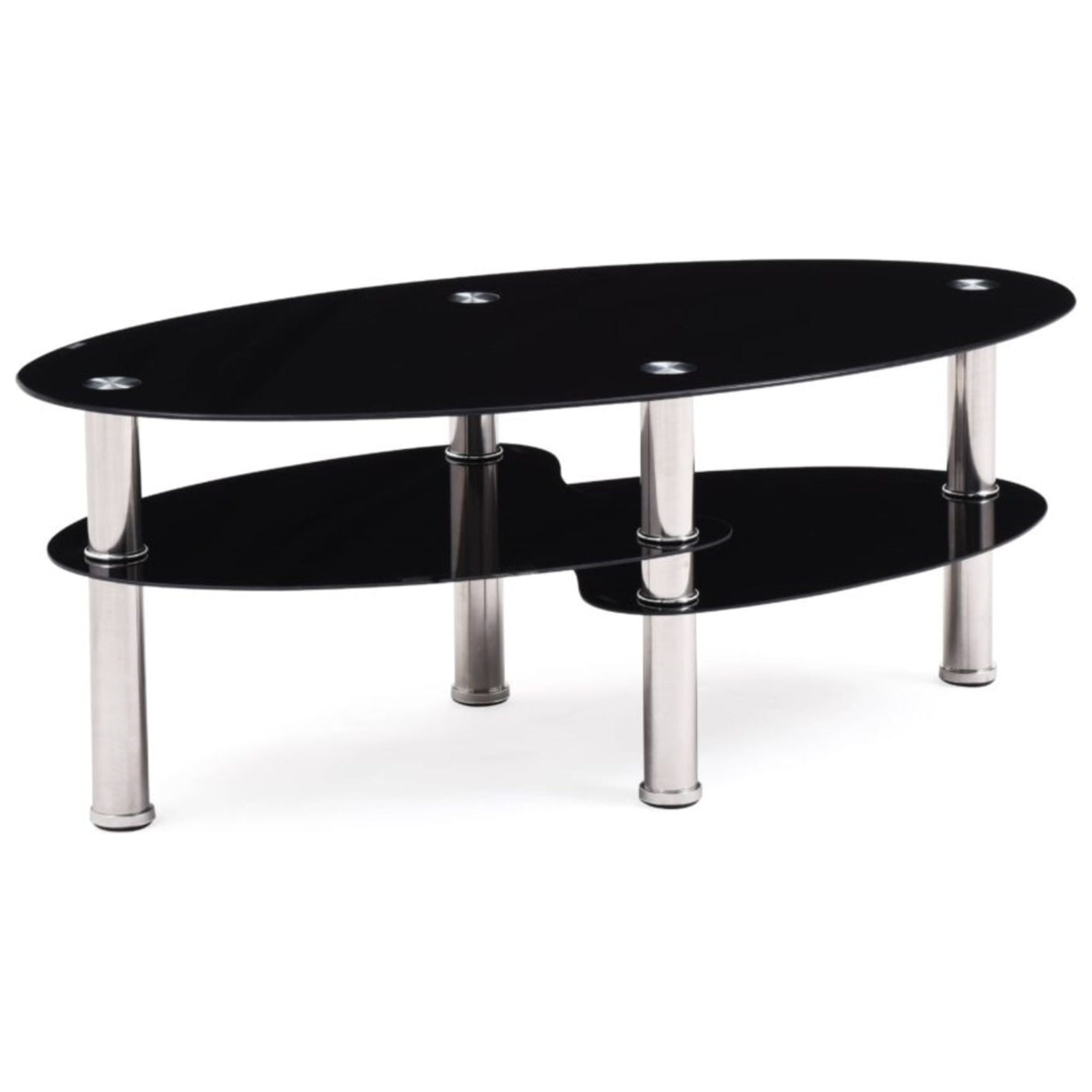 Oval Black Tempered Glass Coffee Table with Silver Frame
