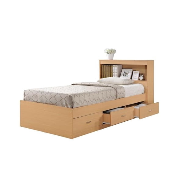 Hodedah Twin-Size Captain Bed with 3-Drawers & Headboard - Beech