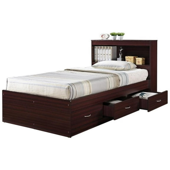 Hodedah Twin Size Captain Bed with 3 Drawers and Headboard in Mahogany Wood