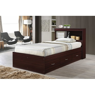 Hodedah Twin-Size Captain Bed with 3-Drawers and Headboard in Mahogany