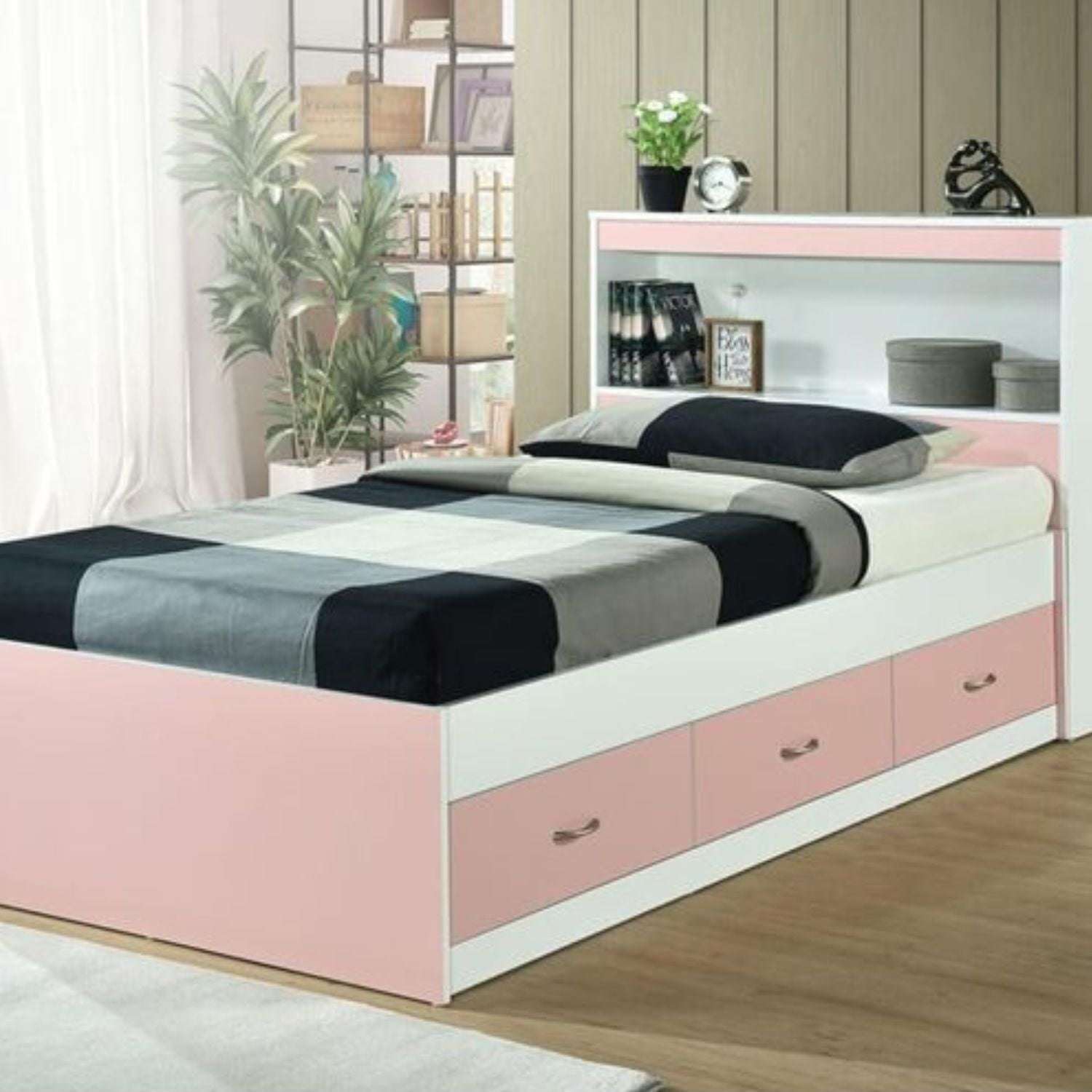 Pink Twin Wood Captain's Bed with Storage and Bookcase Headboard