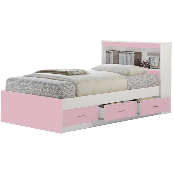 Hodedah Twin-Size Captain Bed with 3-Drawers and Headboard in Pink
