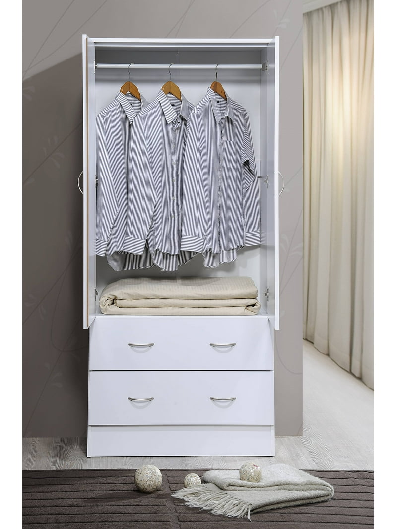 トップス DRAW DRAWERS Race 2way Tops Hodedah Two Door Wardrobe with Two Drawers and Hanging Rod, White