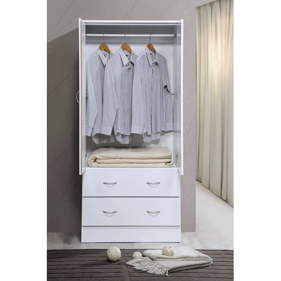 Hodedah Two Door Wardrobe with Two Drawers and Hanging Rod, White