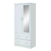 Hodedah Two Door Wardrobe with Two Drawers and Hanging Rod plus Mirror, White