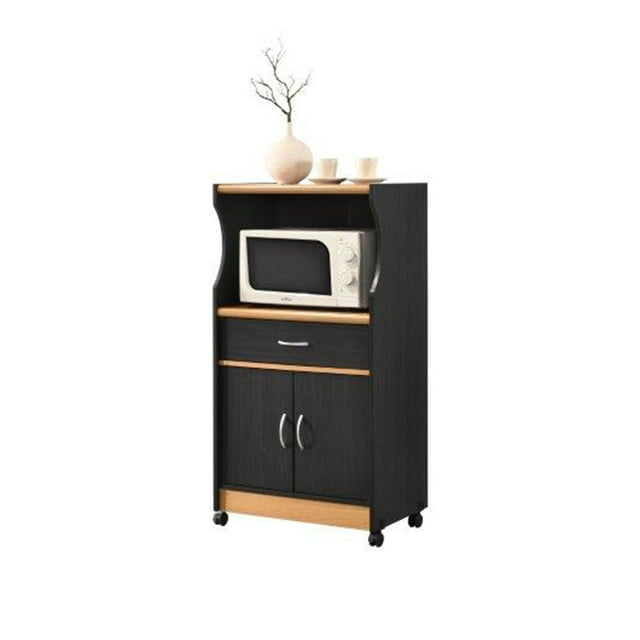 Hodedah Wheeled Microwave Island Cart with Drawer, Black Beech