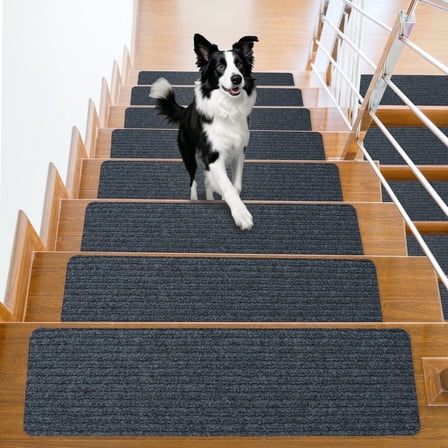 AOLIGO Stair Treads 30"x8" (15 Pcs), Carpet Stair Treads for Wooden Steps Indoor, Self Adhesive Stair Anti Slip Mats , Safety Mats for Dogs, Kids & Elders Gray Stripe