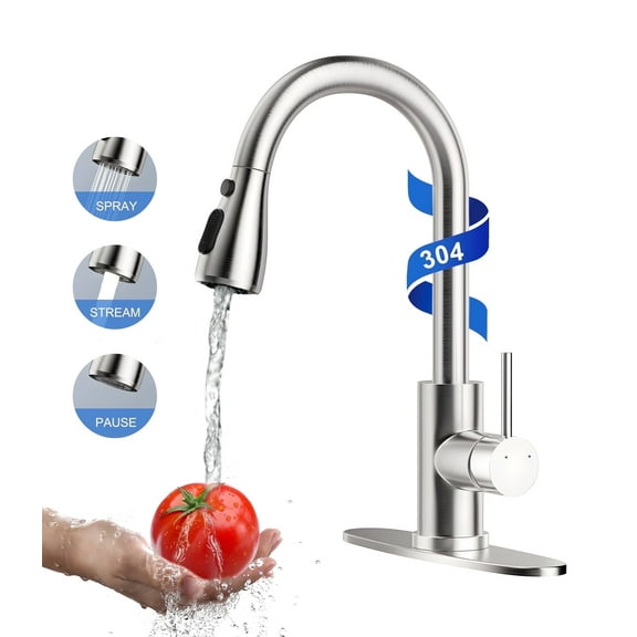 Hodvit Kitchen Faucet with Pull Down Sprayer, Stainless Steel Kitchen Sink Faucet with Deck Plate to Cover