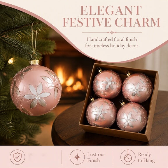 Hodwiequ 4Pc Christmas Ball Ornaments, Floral Shatterproof Xmas Tree Baubles With Gift Box For Holiday Party Rose Gold 10*10Cm