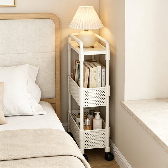 Hodwiequ Floor-Standing Multi-Tier Kitchen Shelving Unit For Narrow Spaces Snack Storage For Living Room And Bedroom White