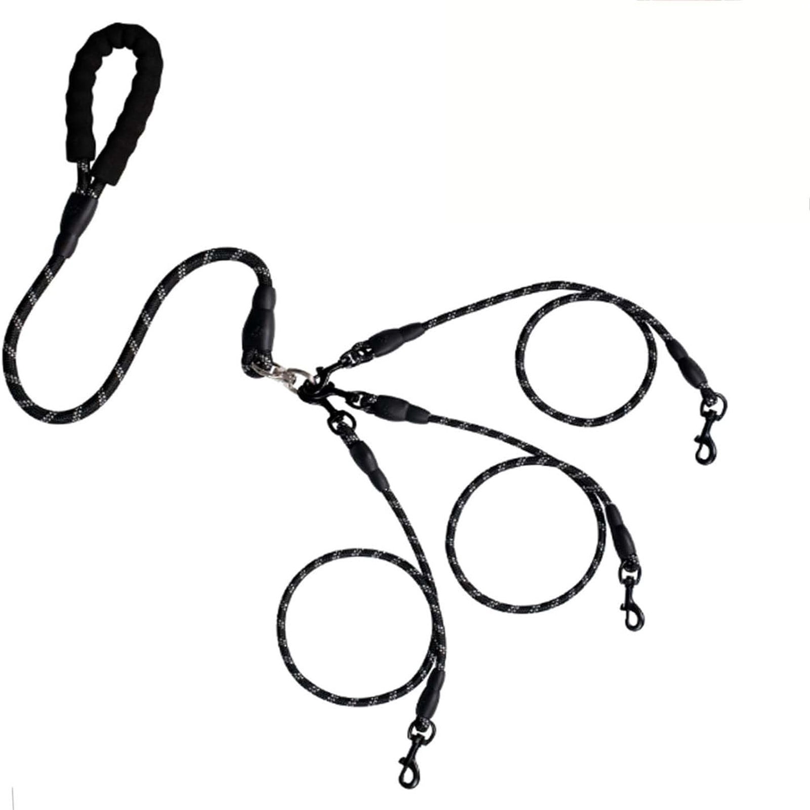 Hodwiequ No-Tangle 3-Dog Main Lead Rope With Padded Handle, Three Detachable Leash Splitters, Heavy-Duty Clip, 4.76Ft For Walking, Running, Small, Medium, Large Dogs Black Free Size
