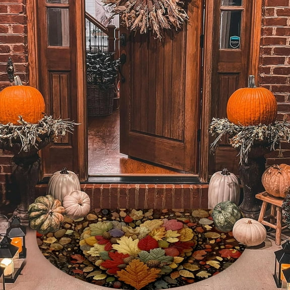 Hodwiequ Thanksgiving Maple Leaf Pumpkin Semicircle Floor Mat Porch Entrance Door Mat Black B