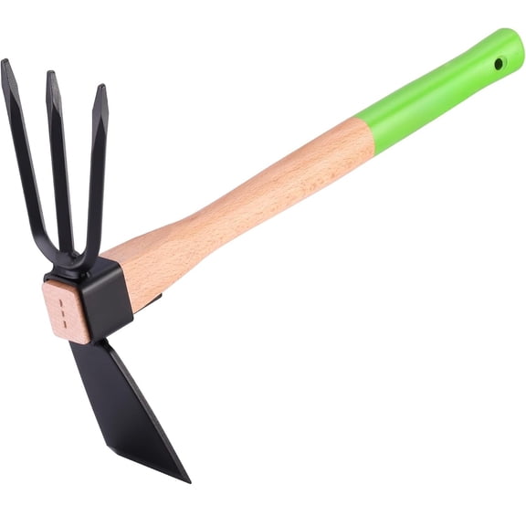 Hoe and Cultivator Garden Rake with 14" Wooden Handle | Sharp Hoe Blade & Sturdy 3 Claw Tiller, 2-in-1 Heavy Duty Gardening Hand Tools for Digging, Loosening Soil, Weeding