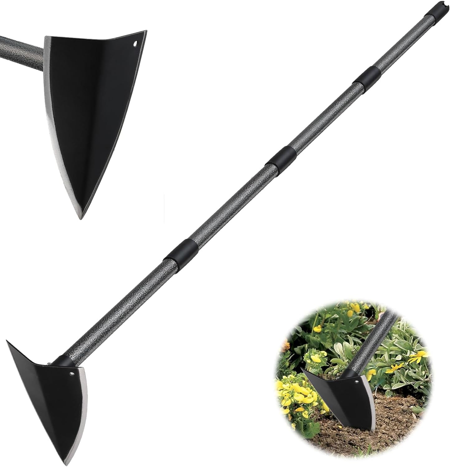 BsBsBest Hoe Garden Tool with 60 inch Metal Handle, Triangle Gardening Hoe with Sharp Blade for Digging, Weeding, Cutting and Loosing Soil