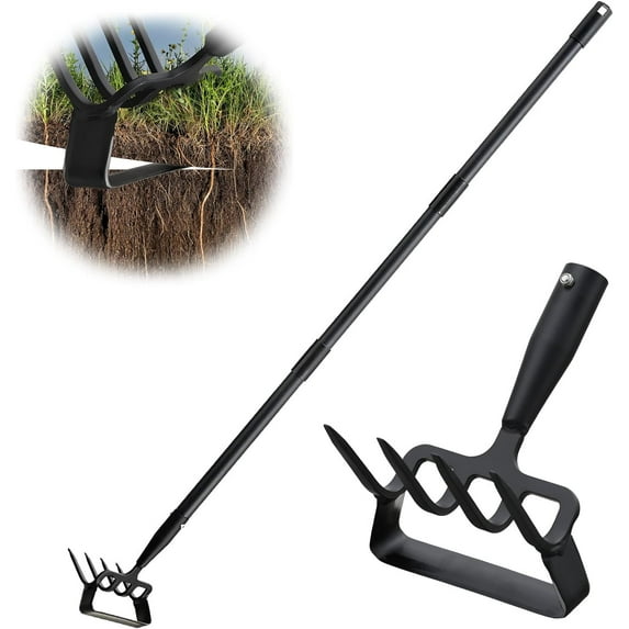 Hoe Garden Tool, Stirrup Hoe Cultivator for Weeding with 62Inch Adjustable Long Handle, Heavy Duty Garden Hula Scuffle Hoe and Rake Tiller 2-in-1 Gardening Tools for Digging, Loosening