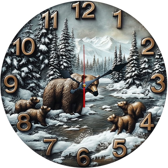 Hoease 10 Inch Silent Wall Clock, 3D Brown Bear Mountain Stream Decorative Wall Clock, Battery Operated Non-Ticking Round Clock for Living Room Bedroom Cabin Home Decor