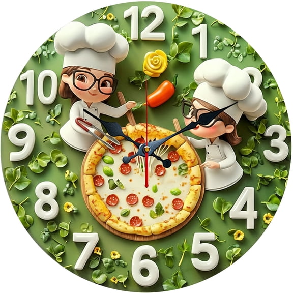 Hoease 10 Inch Silent Wall Clock, 3D Cartoon Chef Kids Pizza Decorative Wall Clock, Battery Operated Non-Ticking Round Clock for Living Room Bedroom Kids Room Home Decor