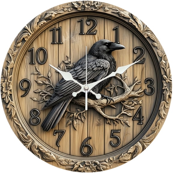Hoease 10 Inch Silent Wall Clock, 3D Carved Wood Crow on Branch Decorative Wall Clock, Battery Operated Non-Ticking Round Clock for Living Room Bedroom Rustic Home Decor
