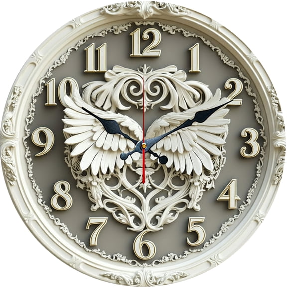 Hoease 10 Inch Silent Wall Clock, 3D Embossed Angel Wings Decorative Wall Clock, Battery Operated Non-Ticking Round Clock for Living Room Bedroom Nursery Home Decor