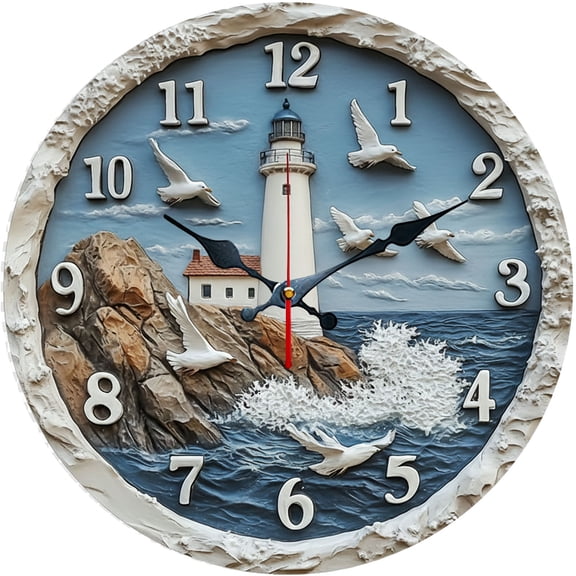 Hoease 10 Inch Silent Wall Clock, 3D Embossed Lighthouse Seagull Decorative Wall Clock, Battery Operated Non-Ticking Round Clock for Living Room Bedroom Bathroom Home Decor