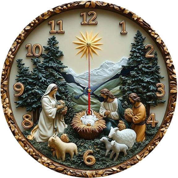 Hoease 10 Inch Silent Wall Clock, 3D Embossed Nativity Scene Decorative Wall Clock, Battery Operated Non-Ticking Round Clock for Living Room Bedroom Prayer Room Home Decor
