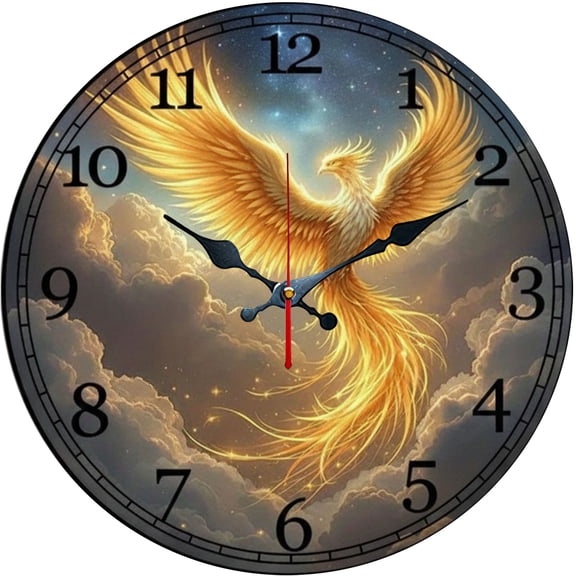 Hoease 10 Inch Silent Wall Clock, 3D Golden Phoenix Cloud Sky Decorative Wall Clock, Battery Operated Non-Ticking Round Clock for Living Room Bedroom Fantasy Home Decor