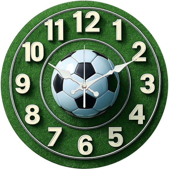 Hoease 10 Inch Silent Wall Clock, 3D Soccer Ball Grass Decorative Wall Clock, Battery Operated Non-Ticking Round Clock for Living Room Game Room Sports Home Decor