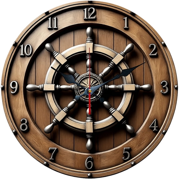Hoease 10 Inch Silent Wall Clock, 3D Wood Ship Wheel Decorative Wall Clock, Battery Operated Non-Ticking Round Clock for Living Room Bedroom Nautical Home Decor