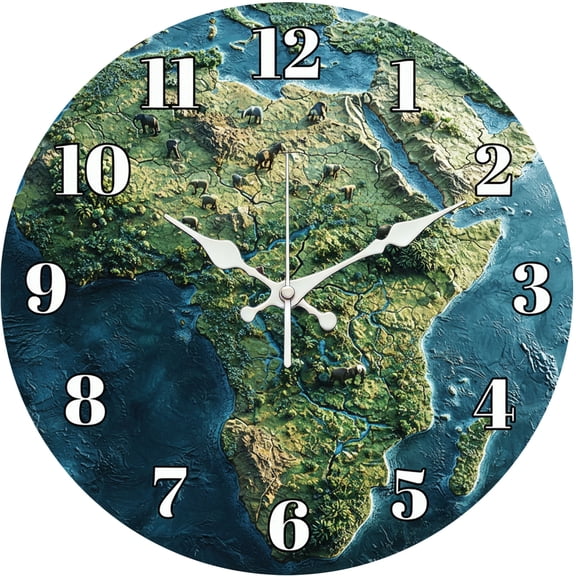 Hoease 10 Inch Silent Wall Clock, Africa Map Elephant 3D Decorative Wall Clock, Battery Operated Non-Ticking Round Clock for Living Room Bedroom Safari Home Decor