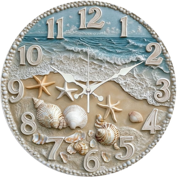 Hoease 10 Inch Silent Wall Clock, Beach Shell Starfish Relief Decorative Wall Clock, Battery Operated Non-Ticking Round Clock for Living Room Bedroom Coastal Home Decor