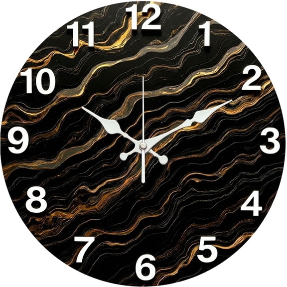 Hoease 10 Inch Silent Wall Clock, Black Gold Fluid Marble Decorative Wall Clock, Battery Operated Non-Ticking Round Clock for Living Room Bedroom Modern Home Decor