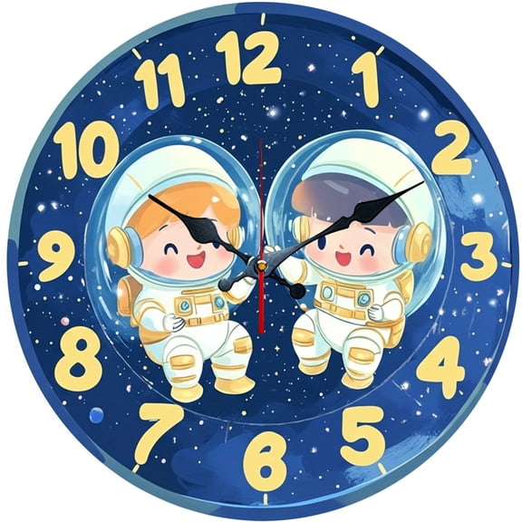 Hoease 10 Inch Silent Wall Clock, Cartoon Astronaut Space Decorative Wall Clock, Battery Operated Non-Ticking Round Clock for Kids Room Bedroom Playroom Home Decor