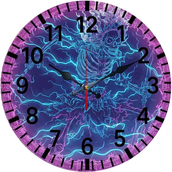 Hoease 10 Inch Silent Wall Clock, Cyber Skeleton Lightning Decorative Wall Clock, Battery Operated Non-Ticking Round Clock for Living Room Bedroom Gothic Home Decor