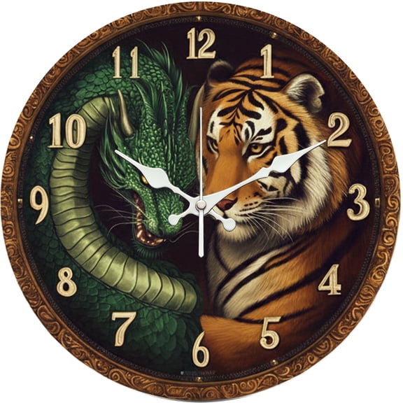 Hoease 10 Inch Silent Wall Clock, Dragon Tiger Duel Vintage Decorative Wall Clock, Battery Operated Non-Ticking Round Clock for Living Room Bedroom Oriental Home Decor
