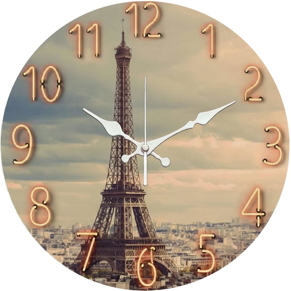 Hoease 10 Inch Silent Wall Clock, Eiffel Tower Paris Neon Decorative Wall Clock, Battery Operated Non-Ticking Round Clock for Living Room Bedroom Travel Home Decor