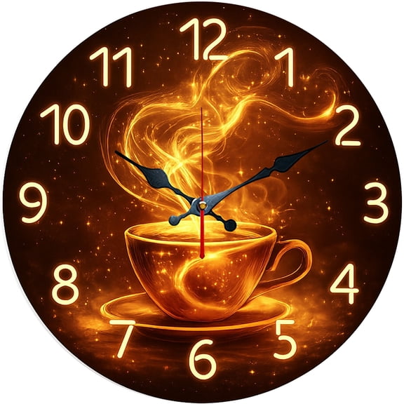 Hoease 10 Inch Silent Wall Clock, Glowing Coffee Steam Decorative Wall Clock, Battery Operated Non-Ticking Round Clock for Kitchen Living Room Coffee Lover Home Decor