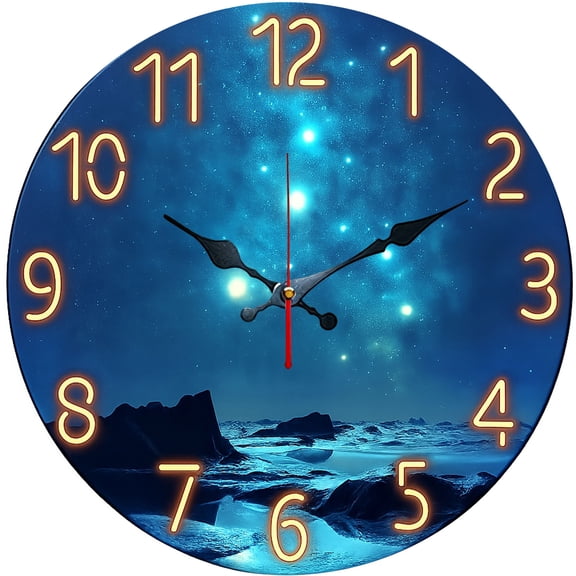 Hoease 10 Inch Silent Wall Clock, Glowing Starry Sky Ice Land Decorative Wall Clock, Battery Operated Non-Ticking Round Clock for Living Room Bedroom Galaxy Home Decor