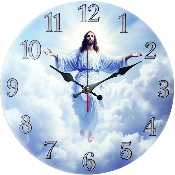 Hoease 10 Inch Silent Wall Clock, Jesus Ascension Blue Sky Decorative Wall Clock, Battery Operated Non-Ticking Round Clock for Living Room Bedroom Prayer Room Home Decor