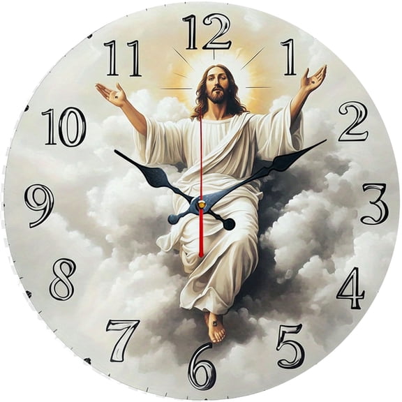 Hoease 10 Inch Silent Wall Clock, Jesus Open Arms Cloud Decorative Wall Clock, Battery Operated Non-Ticking Round Clock for Living Room Bedroom Prayer Room Home Decor
