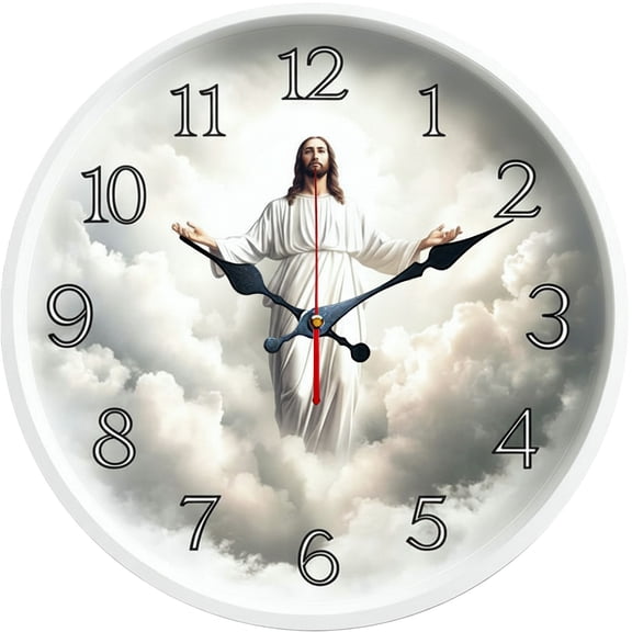 Hoease 10 Inch Silent Wall Clock, Jesus Open Arms Cloud White Frame Decorative Wall Clock, Battery Operated Non-Ticking Round Clock for Living Room Bedroom Prayer Room Home Decor