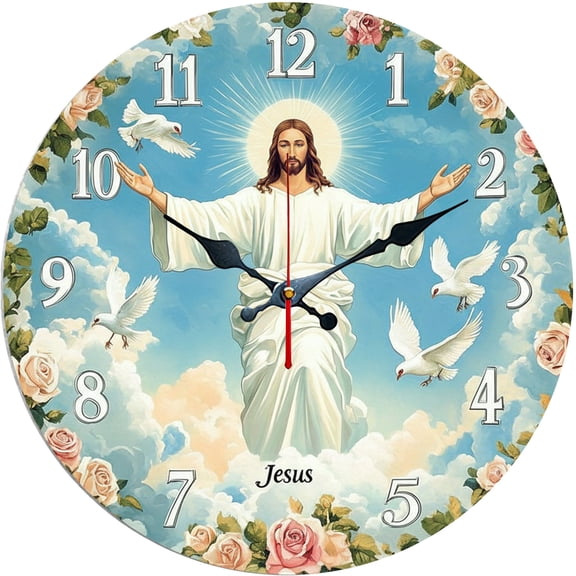 Hoease 10 Inch Silent Wall Clock, Jesus Open Arms Dove Rose Decorative Wall Clock, Battery Operated Non-Ticking Round Clock for Living Room Bedroom Prayer Room Home Decor