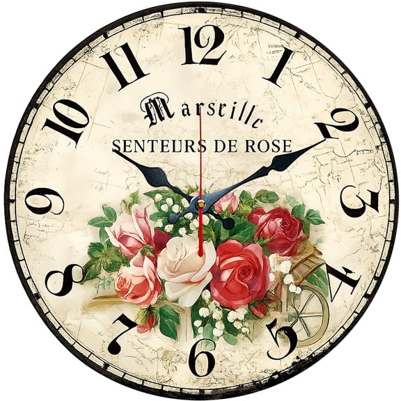 Hoease 10 Inch Silent Wall Clock, Marseille Rose Vintage Decorative Wall Clock, Battery Operated Non-Ticking Round Clock for Kitchen Living Room French Home Decor