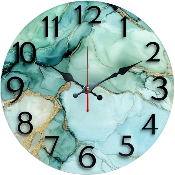 Hoease 10 Inch Silent Wall Clock, Modern Teal Gold Fluid Marble Decorative Wall Clock, Battery Operated Non-Ticking Round Clock for Living Room Bedroom Office Home Decor