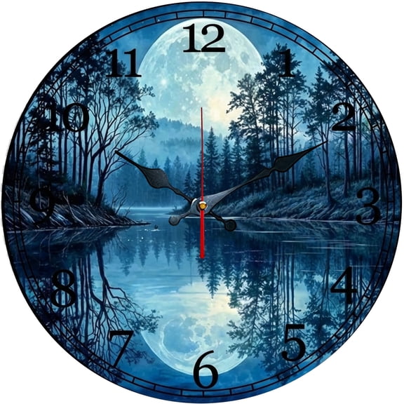 Hoease 10 Inch Silent Wall Clock, Moonlit Forest Lake Decorative Wall Clock, Battery Operated Non-Ticking Round Clock for Living Room Bedroom Nature Home Decor