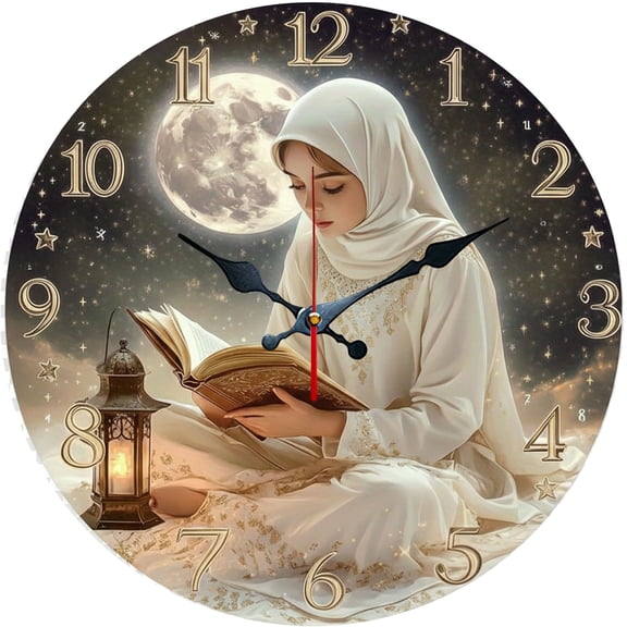 Hoease 10 Inch Silent Wall Clock, Muslim Woman Reading Quran Moon Star Decorative Wall Clock, Battery Operated Non-Ticking Round Clock for Living Room Bedroom Prayer Room Home Decor