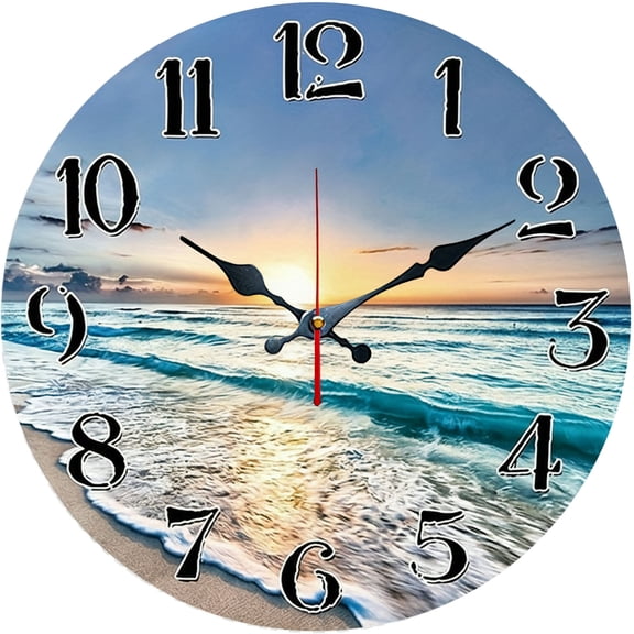 Hoease 10 Inch Silent Wall Clock, Ocean Sunrise Beach Wave Decorative Wall Clock, Battery Operated Non-Ticking Round Clock for Living Room Bedroom Bathroom Home Decor