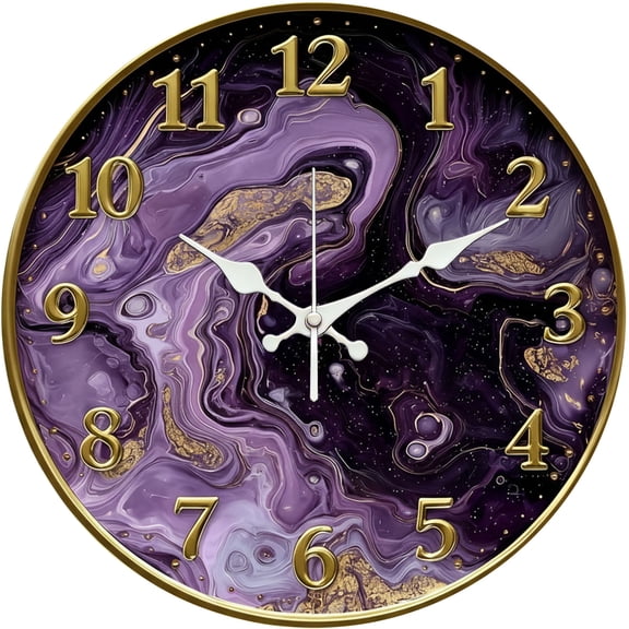 Hoease 10 Inch Silent Wall Clock, Purple Gold Fluid Luxury Decorative Wall Clock, Battery Operated Non-Ticking Round Clock for Living Room Bedroom Modern Home Decor